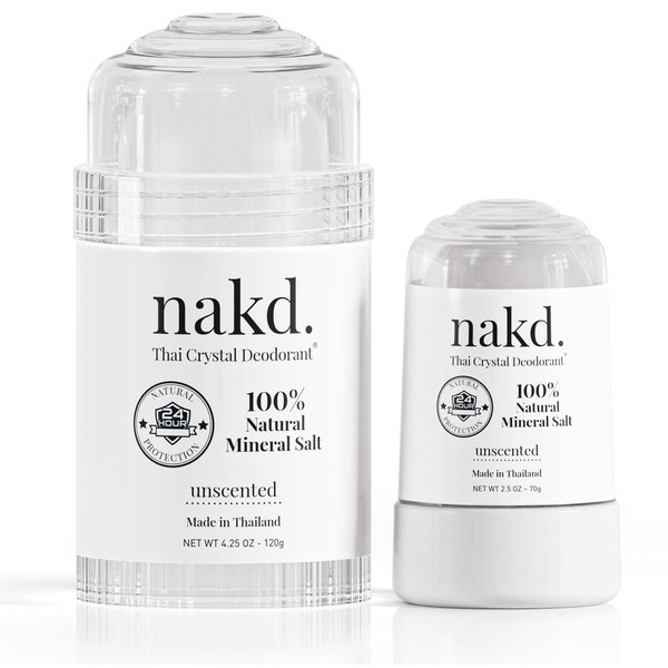 nakd. Thai Crystal Deodorant Stone – 2 Salt Deodorant Crystal Sticks, 4.25 oz. Regular + 2.5 oz. Travel Size