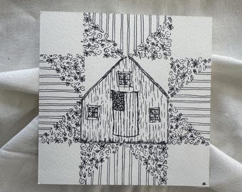 6x6 Original Drawing - Quilt Inspired Look with Barn and U.S. Flag