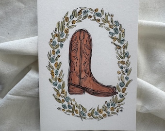 5x7 Original Western Boots with Floral Print Watercolor & Ink Piece