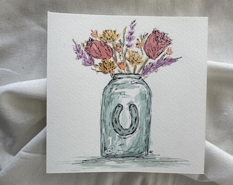 6x6 Flowers in a Horseshoe Decorated Jar Original Hand-Painted Watercolor