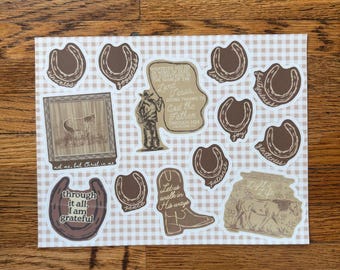 Faithful Cowgirl Sticker Sheet: Fruit of the Spirit Horse Shoes, Light of Life, Through it All I am Grateful, Christ in Me, and More!