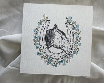 6x6 Original Watercolor Horse with Horseshoe & Flowers