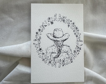 4x6 Original Pen & Ink Drawing - Cowgirl with Flowers