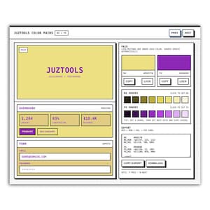 May include: A digital interface for color pair selection, featuring the "JUZTOOLS" logo. The interface displays color codes, a dashboard with order and revenue data, and options for export and download. The primary color is a light yellow.
