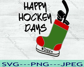 May include: A black and white illustration of a hockey stick and glove in a green and red stocking with a skate blade underneath. The text "HAPPY HOCKEY DAYS" is written in black above the stocking.