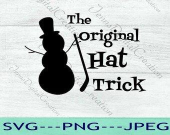 May include: Black and white silhouette of a snowman holding a hockey stick with the text "The original Hat Trick" in black.