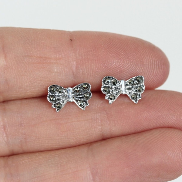 Marcasite Bow Ribbon Stud Earrings | Genuine Sterling Silver 925 Vintage Inspired Marcasite Bow Ribbon Stud Earrings | Mother Git Ideas |