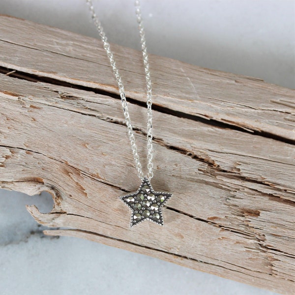 Sterling Silver Marcasite Star Slider Pendant & Necklace | 925 Silver Star Necklace | Silver Marcasite Star Necklace