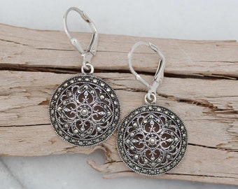 Marcasite Big Round Leverback Drop Dangle Earrings | Sterling Silver Leverback Dangle Earrings | Marcasite Big Drop Leverback Earrings