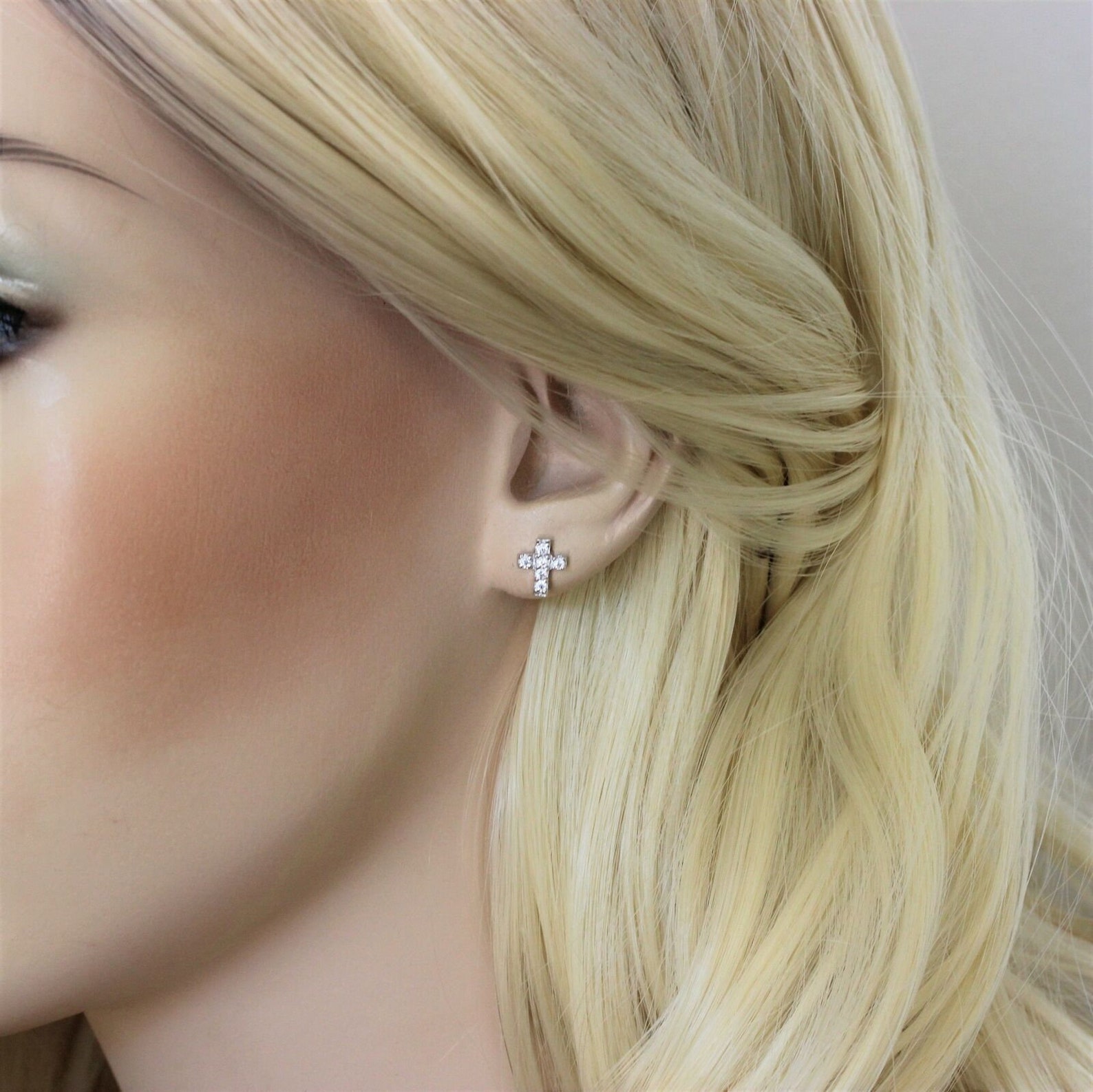 CZ Religious Cross Stud Earrings Sterling Silver 925 Etsy