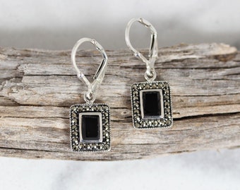 Sterling Silver Marcasite & Black Onyx Halo Rectangle Leverback Drop Earrings |  Marcasite  Black Onyx Halo Rectangle Earrings