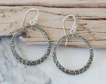 Sterling Silver Marcasite Cut Out Circle "O" Hook Drop Earring | Marcasite Cut Out Circle "O" Hook Drop Earring | Silver Hook Drop Earring