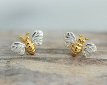 Bee Stud Earrings Two Tone Tiny Sterling Studs Earrings Honey Bee Earrings Sterling Silver Bumble Bee Earrings Bee Insect Earrings