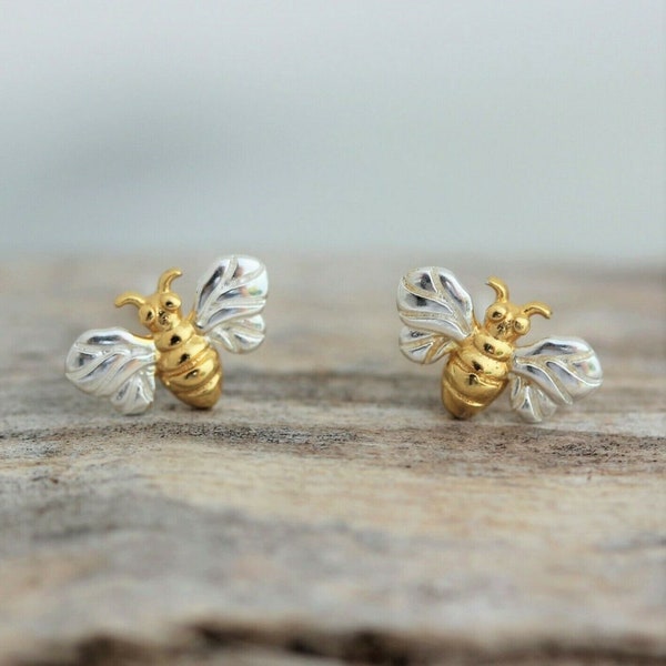 Bee Stud Earrings Two Tone Tiny Sterling Studs Earrings Honey Bee Earrings Sterling Silver Bumble Bee Earrings Bee Insect Earrings