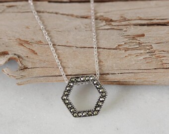 Silver Marcasite Slider Necklace | Hexagon Shape Necklace Silver | Silver Hexagon Slider Pendant | Marcasite Geometric Hexagon Necklace