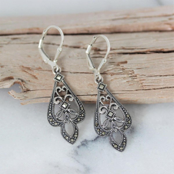 Marcasite Leverback Drop Earrings | Marcasite Vintage Style Leverback Earrings |  Silver Leverback Earrings | Marcasite  Dangle Earrings