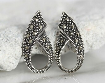 Big Marcasite Earrings | Genuine Sterling Silver 925 Big Marcasite Stud Earrings | Open Oval Marcasite Stud Earrings | Gift for Her