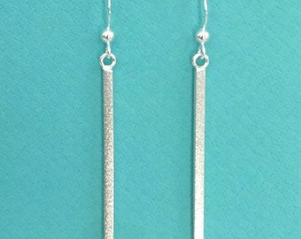 Long Bar Drop Earrings  Silver Long Bar Earrings 925 Silver Long Bar Brushed Finish Hook Drop Earrings  Long Dangle Earrings