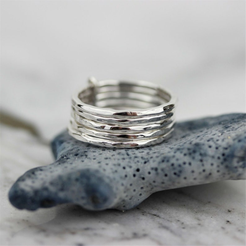 Stackable Ring Silver 925 Sterling Silver Hammered Stackable Rings Modern Hammered Beaten 5 Rings Set Hammered Stackable Rings for Her