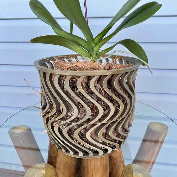 Wide groovy orchid pot planter with drainage holes modern stylish trendy orchid pot for gifts, birthdays, Mother's day, Spring