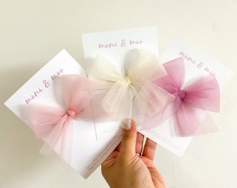 Luxe Tulle Bow | 11 colours | Princess Fairy Costume | Girls Hair Accessories | Hand Tied Baby Bow | Pinwheel | organza | toddler | Chiffon