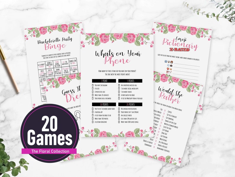 20 Floral Bridal Shower Games Bundle Download /& Print Bridal Shower Games Printable Hen Party Game Bundle Bachelorette Party Bundle