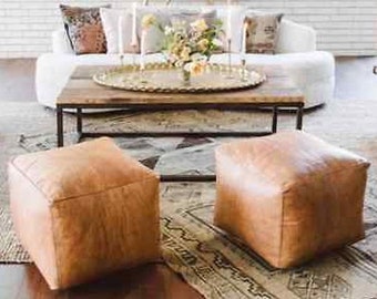 Set of 2 Moroccan pouf, leather pouf, pouf handcrafted ,Ottoman pouf, handmade puff, moroccan pouffe,Square Poufs