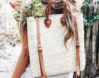 Backpack beach bag straw Straw Beach bag with leather strap - Straw backpack - boho backpack