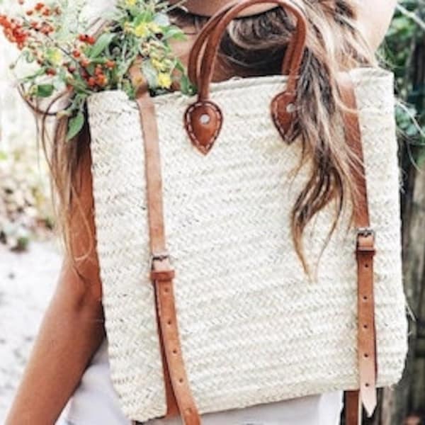 Backpack beach bag straw Straw Beach bag with leather strap - Straw backpack - boho backpack