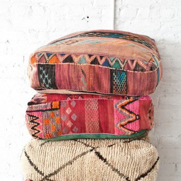 Moroccan Kilim Pouf, Floor Pouf, Vintage Moroccan Ottoman, Beni Ourain Square Pouf, Yoga Meditation Cushion, Outdoor Red Kilim Pillows