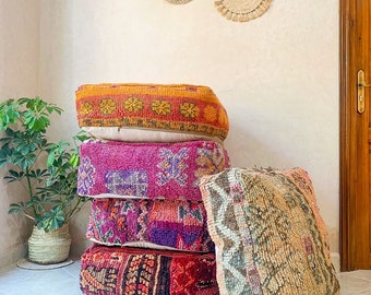 Moroccan Kilim Pouf, Floor Pouf, Vintage Moroccan Ottoman, Beni Ourain Square Pouf, Yoga Meditation Cushion, Outdoor Red Kilim Pillows