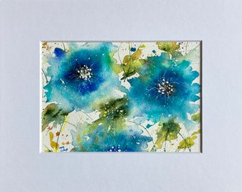 Original painting of blue and aqua flowers. Watercolor painting floral.