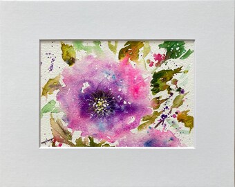 Abstract watercolor floral. Original painting of pink and purple flowers.