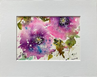 Abstract watercolor floral. Original painting of pink and purple flowers.