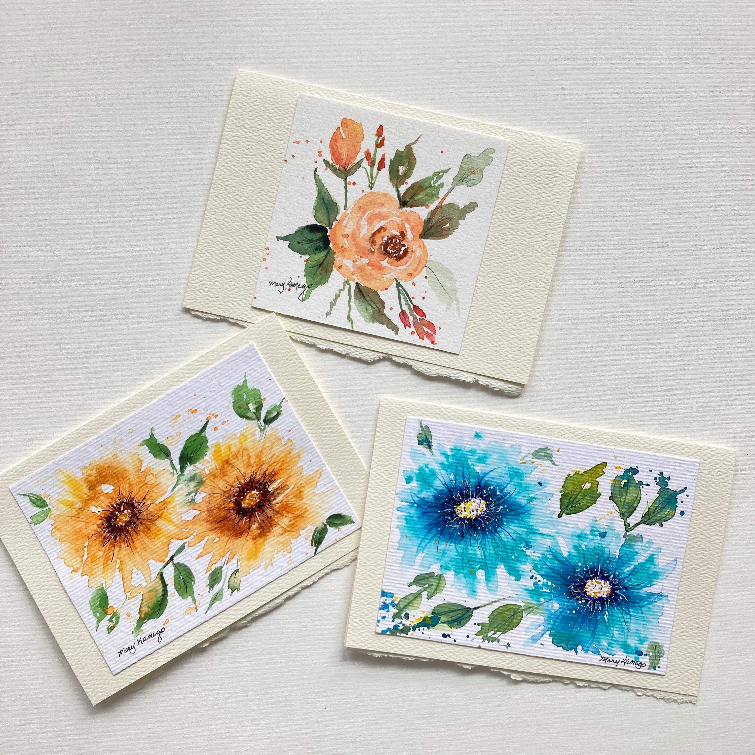 Handmade Cards. Set of 3 hand painted note cards with hand painted flowers. Vibrant watercolor blank note cards.  Original paintings