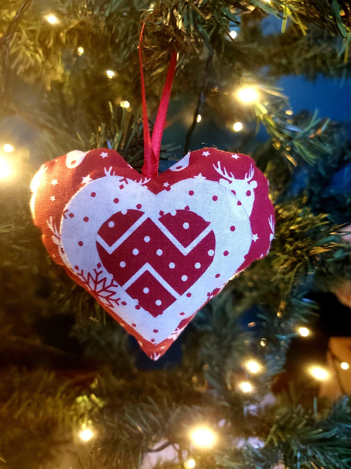 Scandi Christmas Heart Decorations Handmade Red and White