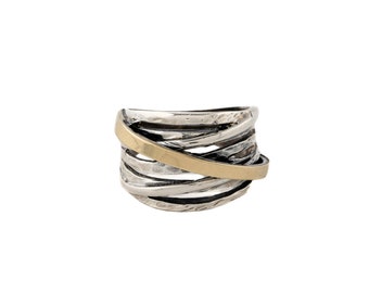 Handmade Israeli Jewelry. Stackable Look Sterling Silver and Gold Ring. Combination Ring. Wide Band Ring. Gift for Her