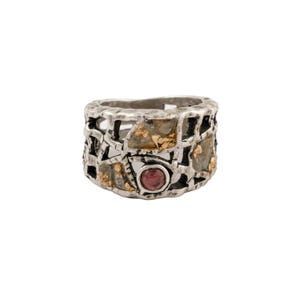 Diamonds! Handmade in Israel. Sterling Silver, Rough Diamonds and Garnet Ring. Unique Artisan Ring. Gift for Her