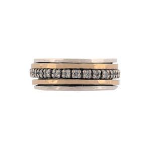 Handmade In Israel. Sterling Silver and Gold Spinning Ring.  Stackable Meditation Ring. Wedding Band with Cubic Zirconia. Gift for Her