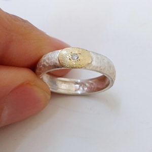 Diamond! Hammered Sterling Silver Ring with Gold Accent and Diamond – Textured Artisan Band Handcrafted in Israel