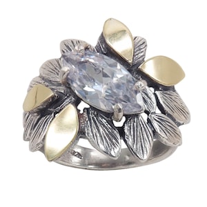 Sterling Silver & Gold Marquise CZ Ring – Handcrafted Statement Band from Israel