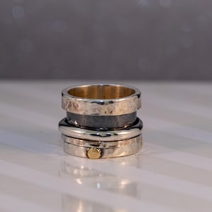 Sterling Silver Meditation Spinner Ring – Handcrafted in Israel with Hammered Bands & Gold Accents