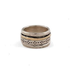 Meditation Ring Sale! Textured Sterling Silver and Gold Band. Handmade Israeli Jewelry. Spinning Ring Two tone Silver and Gold. Gift for Her