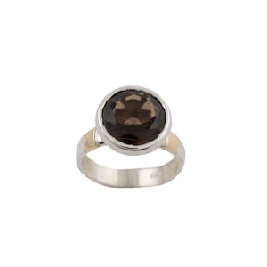 Smokey Topaz Ring. Handmade Israeli Jewelry. Sterling Silver Band with Gold Accents. Healing Stone Ring. Summer Ring. Stackable Ring