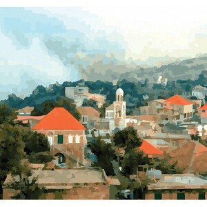 Painting-Digital-sky-artistic stroke-old lebanese houses-trees-st.Daniel-Historic-church-village-art-red-tile-Lebanon-hadath el Jebbe-nature