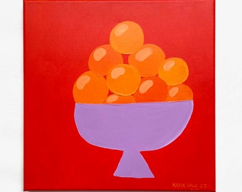 Oeuvre d'art originale - Peinture de fruits - Nature morte - Oranges sur fond rouge