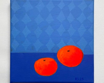 Oeuvre d'art originale - Peinture de fruits - Nature morte - Oranges sur fond bleu