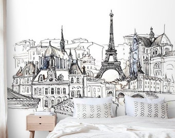 Paris wall mural Eiffel tower Peel and stick removable or Traditional accent wallpaper mural non woven