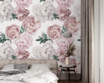 Papel pintado floral peonía Papel pintado extraíble y autoadhesivo o Papel pintado tradicional Mural de pared de flores grandes