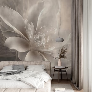 Elegant floral wallpaper | Neutral beige large flower wall mural | Peel and stick removable or Traditional accent wallpaper